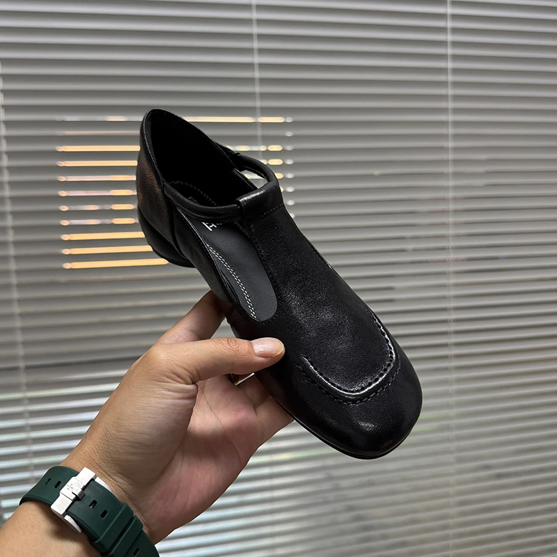 3cm/羊皮/时尚真皮粗跟单鞋女舒适圆头高级感中跟一字带魔术贴40