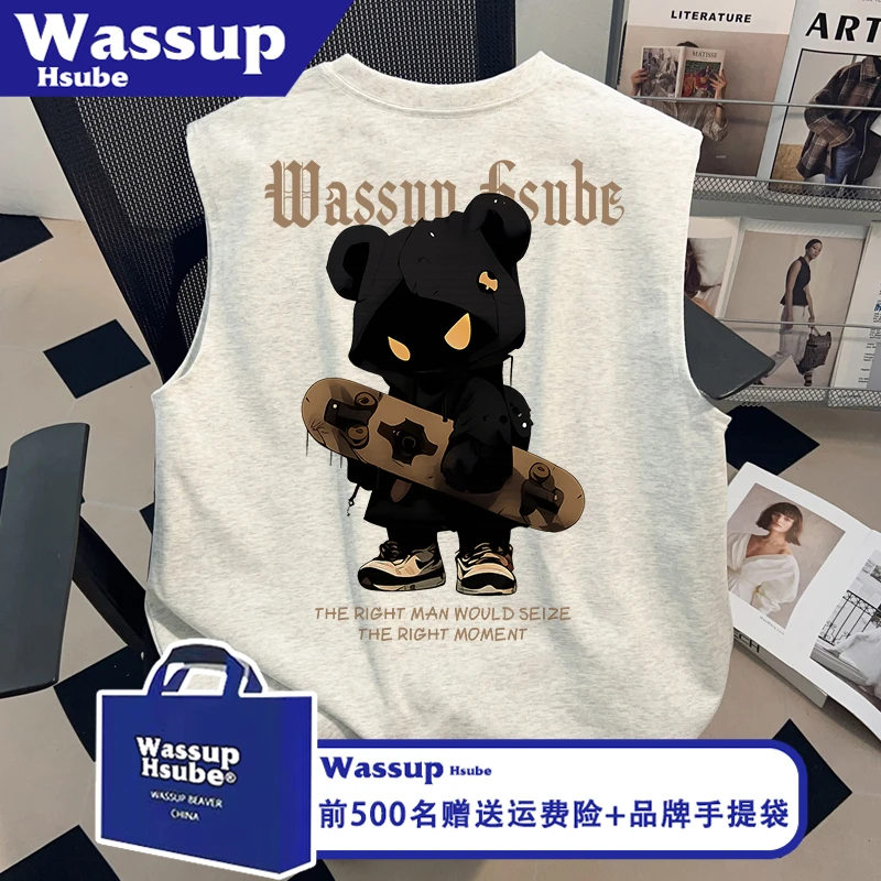 WASSUP HSUBE夏滑板小熊印花纯棉半袖ins男女T恤白灰休闲无袖背心