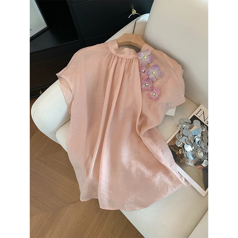粉色花朵气质短袖衬衫女2025新款夏季设计感甜美百搭气质高级上衣