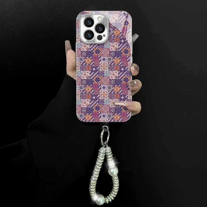 适用于苹果/oppo/华为/vivo/小米几何拼花电镀玻璃手链防摔手机壳