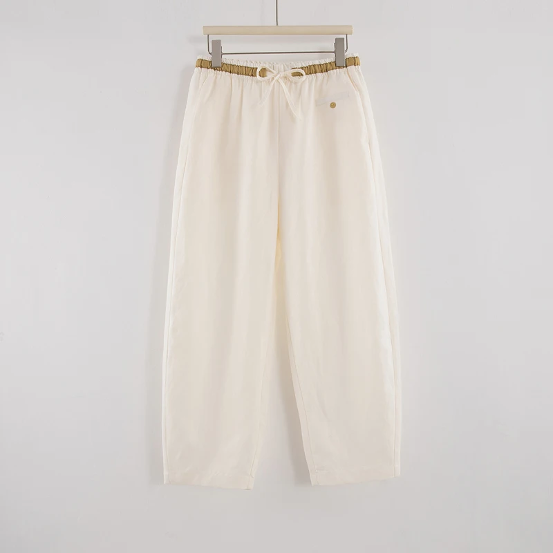 2025夏季薄料撞色休闲裤女微胖mm高腰显瘦洋气百搭九分亚麻哈伦裤