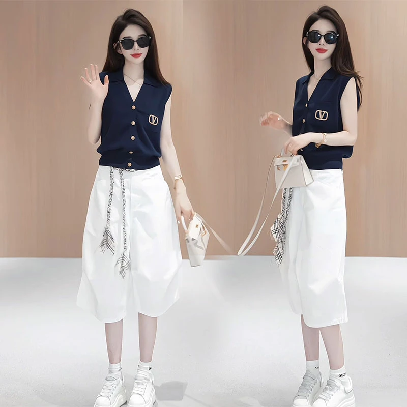 轻熟风时尚套装V领气质小众无袖针织衫夏季个性气质百搭短裤套装