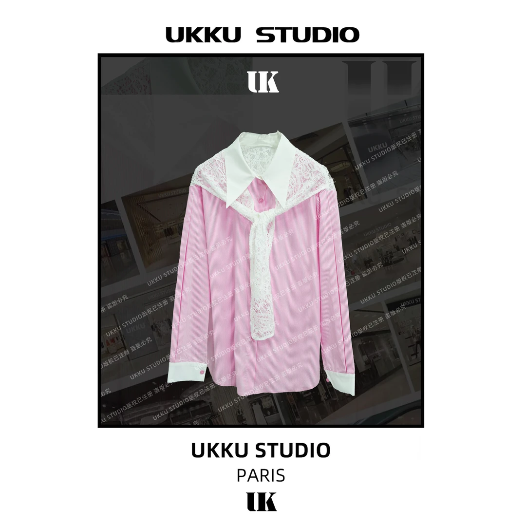 沐【UKKUSTUDIO】时尚法式赫本风气质条纹休闲假两件衬衫213517