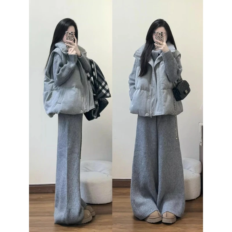 秋冬搭配一整套韩系穿搭松弛感灰色针织毛衣棉服马甲阔腿裤三件套