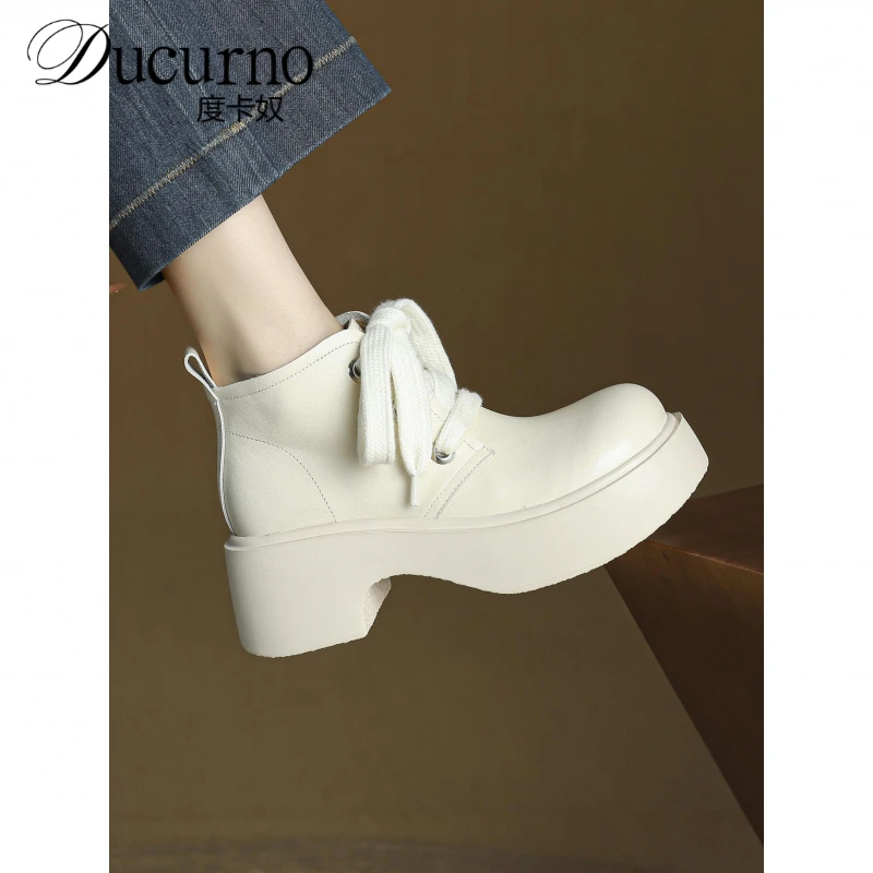 7cm小个子厚底增高马丁靴女真皮粗跟高跟英伦风系带白色及踝短靴