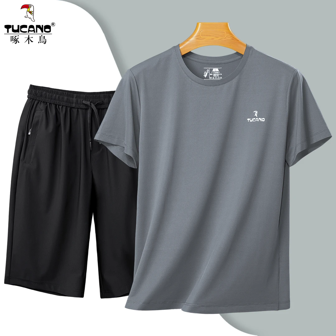 TUCANO/啄木鳥夏季中老年冰丝T恤短裤两件套爸爸夏装套装弹力透气
