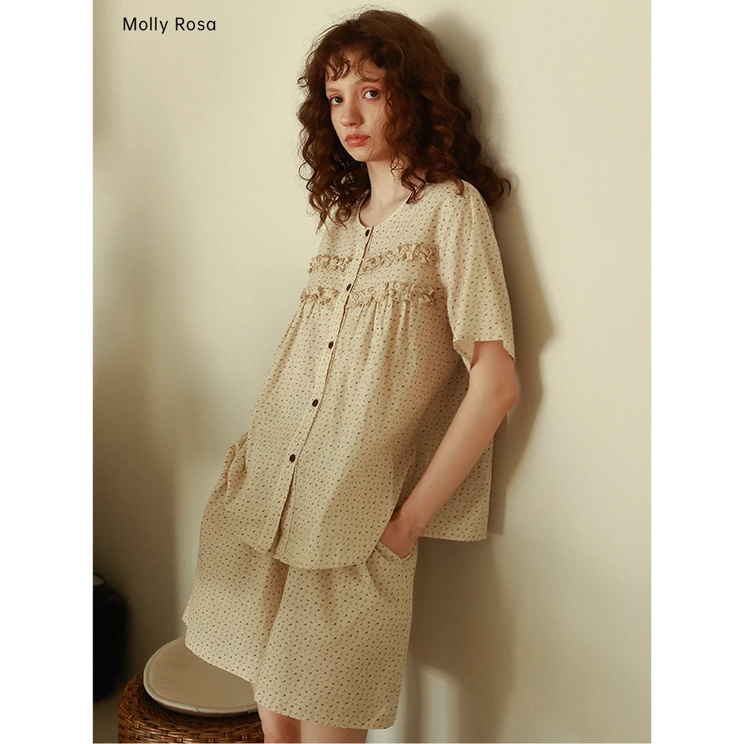 日光碎花 纯棉纱短袖短裤睡衣套装圆领花边原创设计家居服可外穿