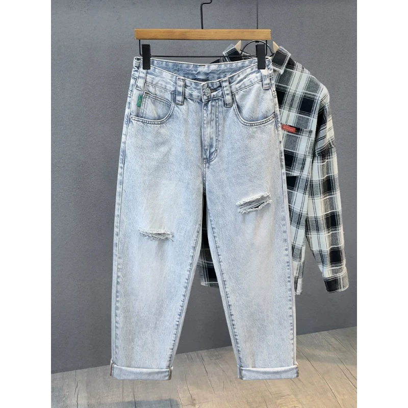 高品质浅色潮牌水洗纯棉破洞牛仔裤男士2025新款美式宽松直筒裤子