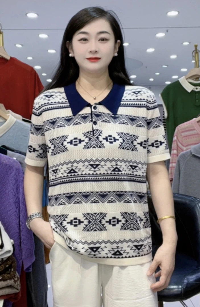 【波西米亚短袖-米白】时尚百搭上衣翻领显瘦减龄女上衣