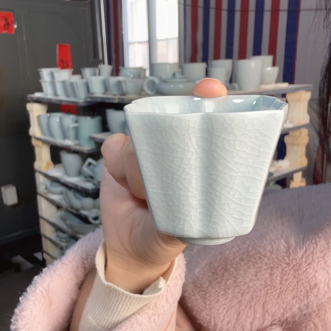 陶摆件汝瓷花口四方杯支钉烧仿古月白釉开播福利