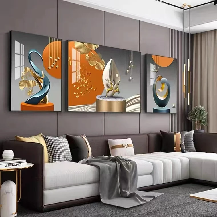 美临佳【福禄满满】客厅晶瓷镶钻铝合金边框客厅三联画简约现代轻奢