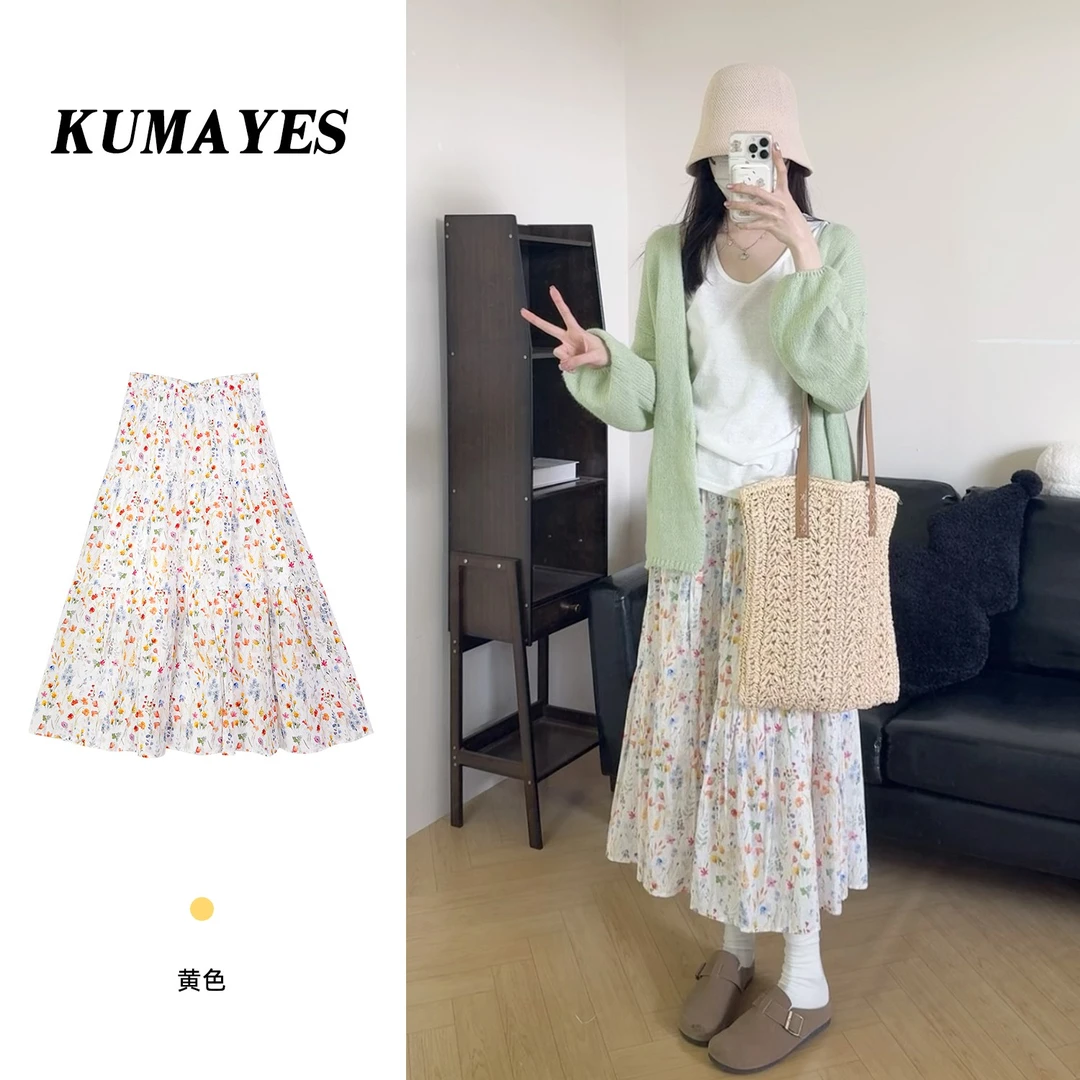 KUMAYES蔷薇梦境 田园风中高腰长裙半身裙碎花气质显瘦中长裙子夏