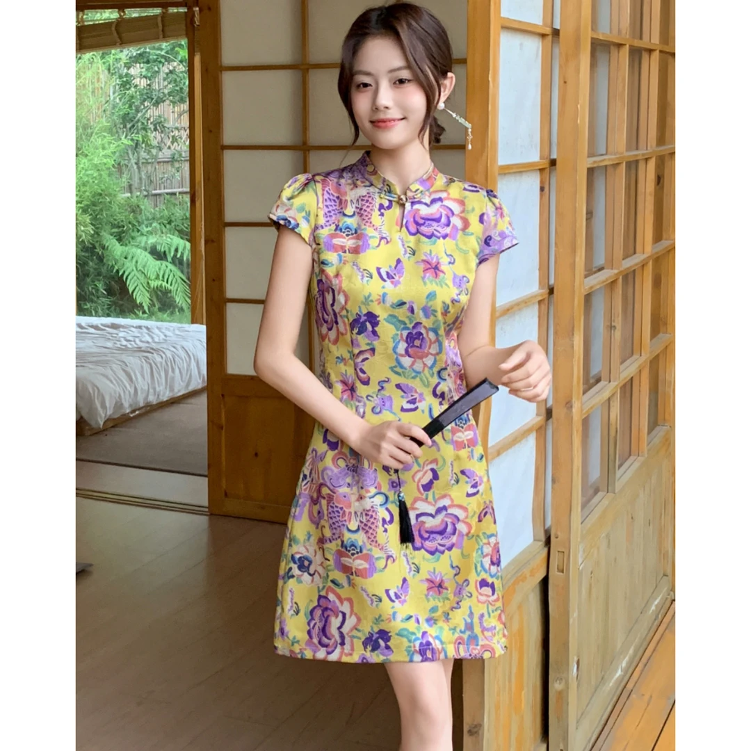 玳妮【静婉金蝶】夏季 立领国风盘扣缎面连衣裙 开叉气质提花中长裙