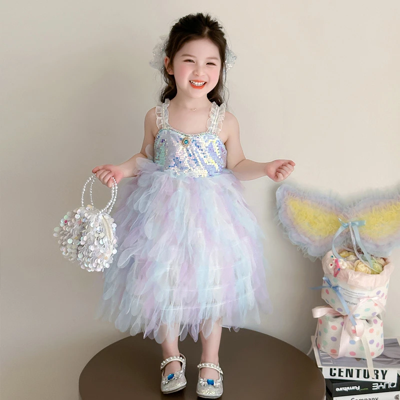 女童连衣裙夏季彩虹吊带裙小女孩六一表演公主裙生日礼服裙子