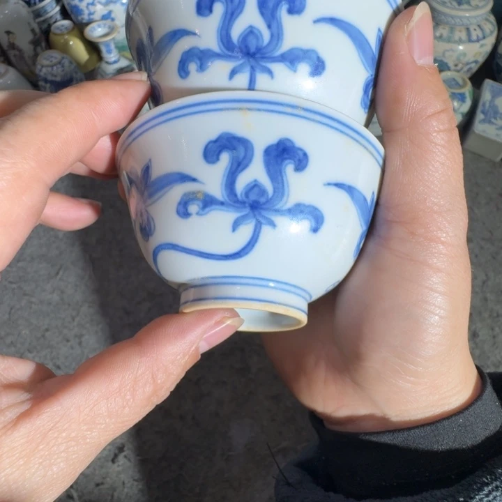 杯陶瓷工艺品摆件青花秋葵纹杯一对