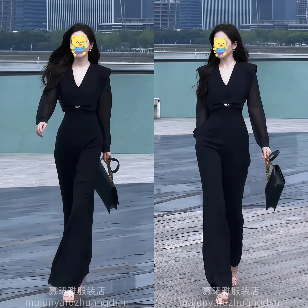 气质通勤高级感短袖连体裤女2025夏季新款收腰宽松阔腿连衣裤女装