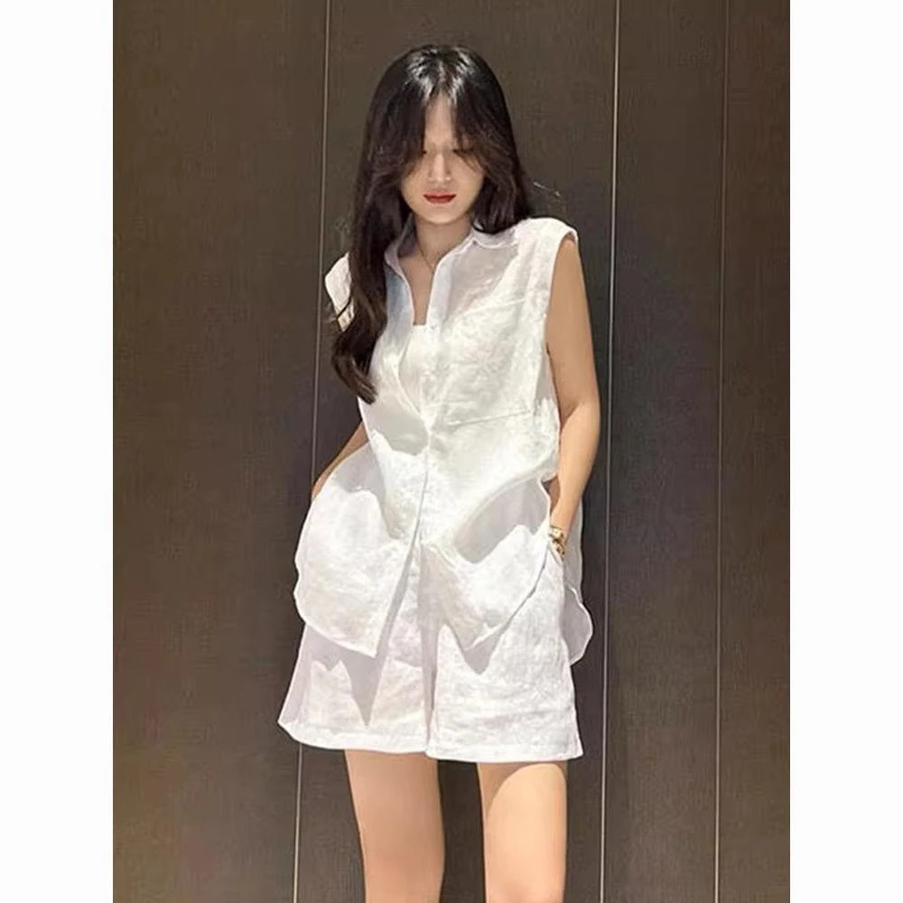 高级小众不撞款老钱风穿搭套装裤女夏日气质亚麻上衣短裤两件套装