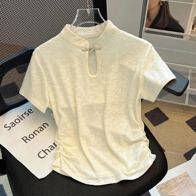 上衣T恤女立领显瘦新款2025盘扣修身新中式夏季短款国风潮短袖