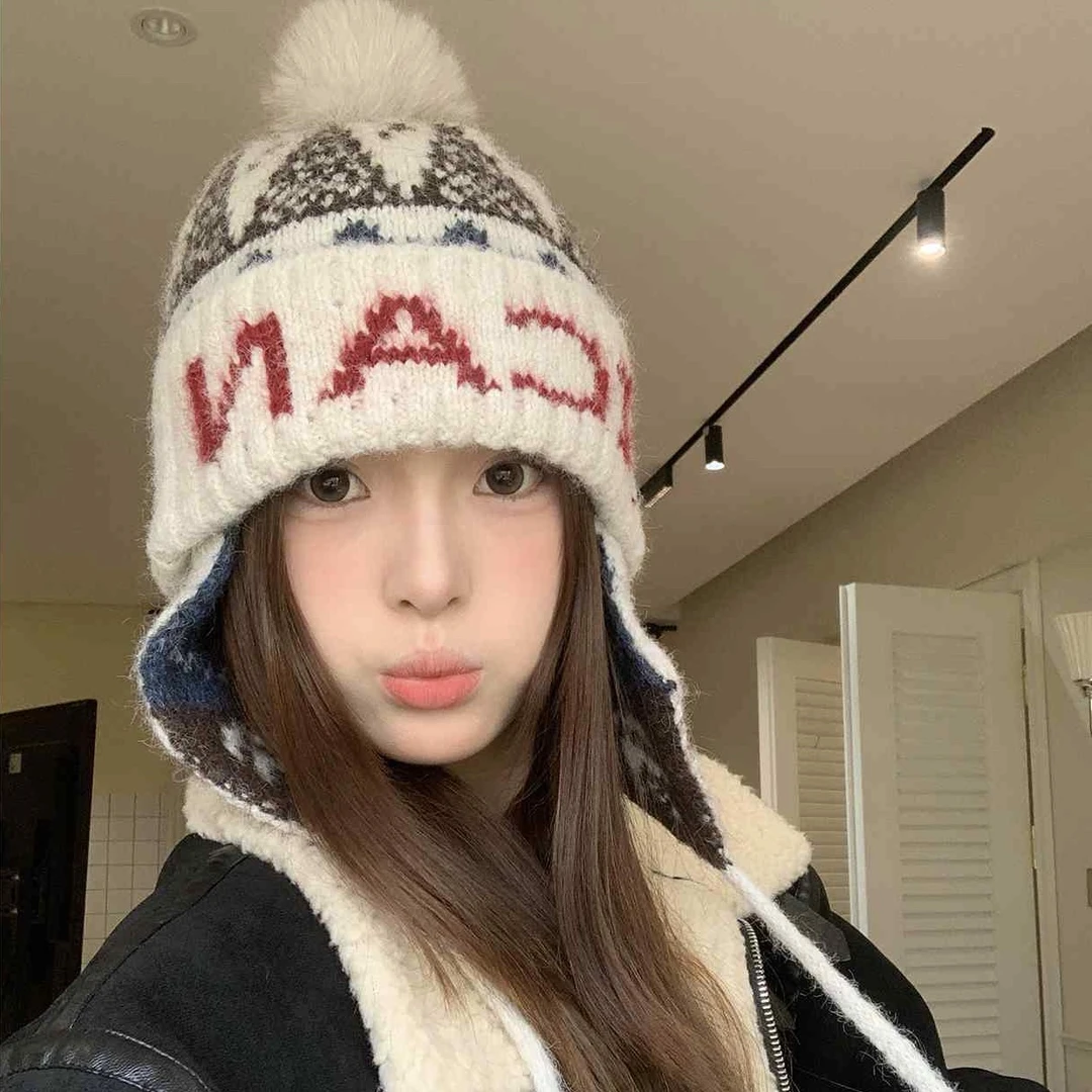 ICAN字母复古费尔岛风针织护耳帽男女秋冬加厚保暖显脸小百搭帽子