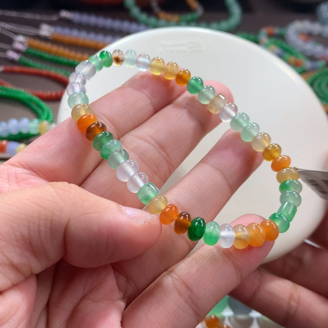 翡翠未镶嵌手链高冰玻浓彩鼓珠单圈卡5.7~6.4