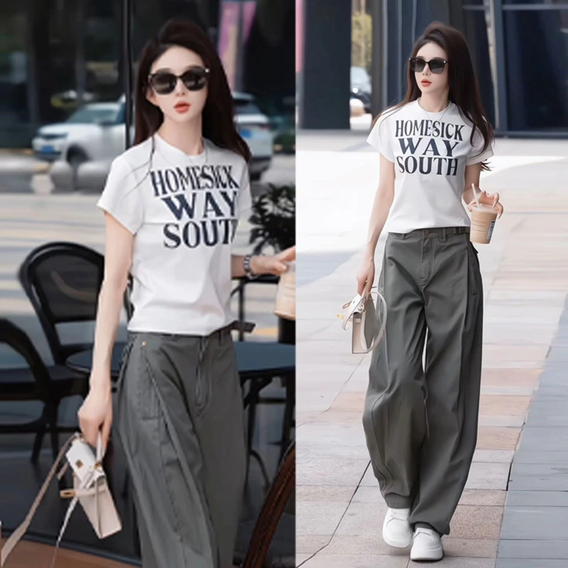 韩系洋气T恤裤子两件套女2025夏季新款印花松弛简约休闲潮流套装