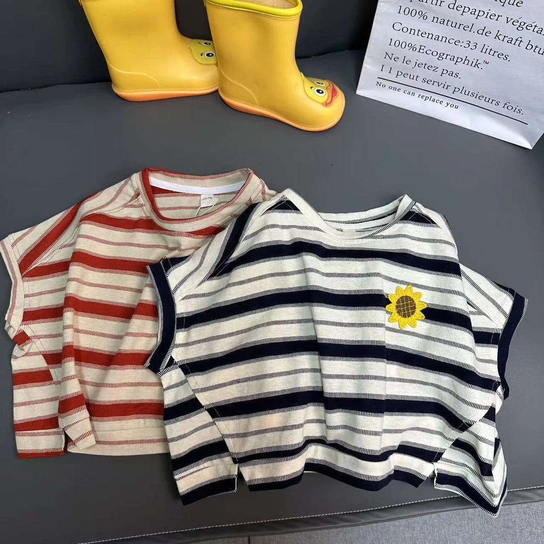 2025夏季新款男女童韩版条纹刺绣百搭蝙蝠袖短袖T恤2203