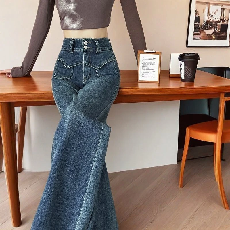 复古春秋款高腰拖地裤高腰显瘦显高百搭收腹直筒女牛仔阔腿裤子