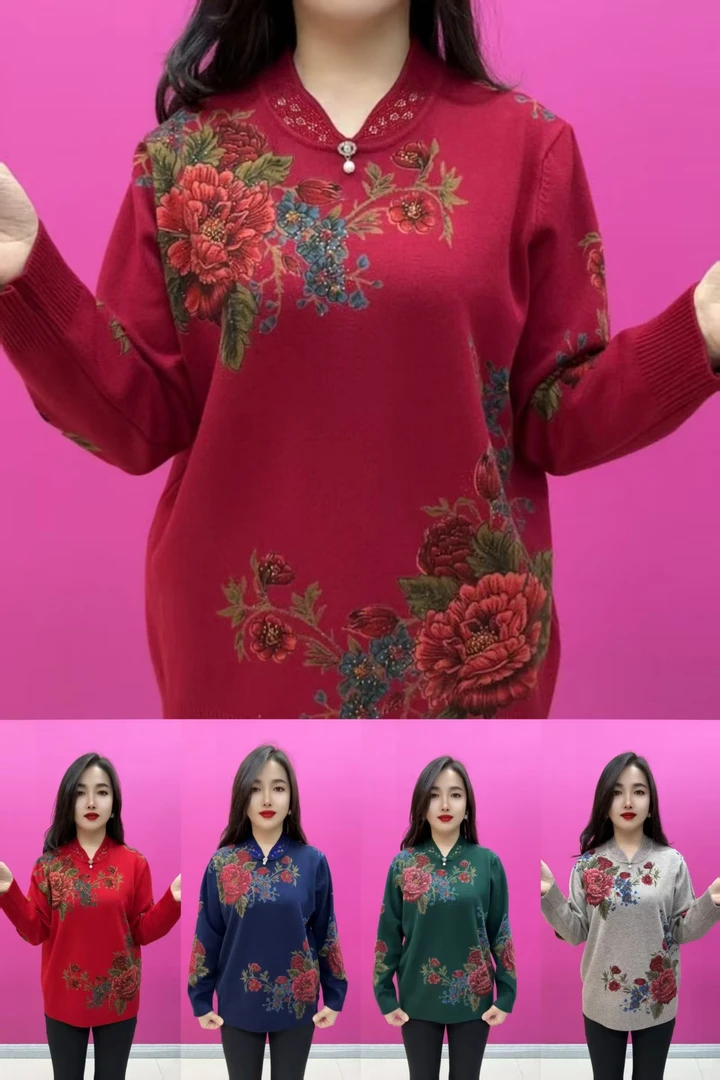 5055旗袍领大花套头针织衫