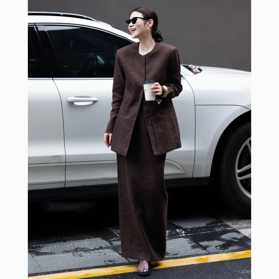 ZEROYK时尚套装2025秋季老钱风100%亚麻圆领西服半裙两件套