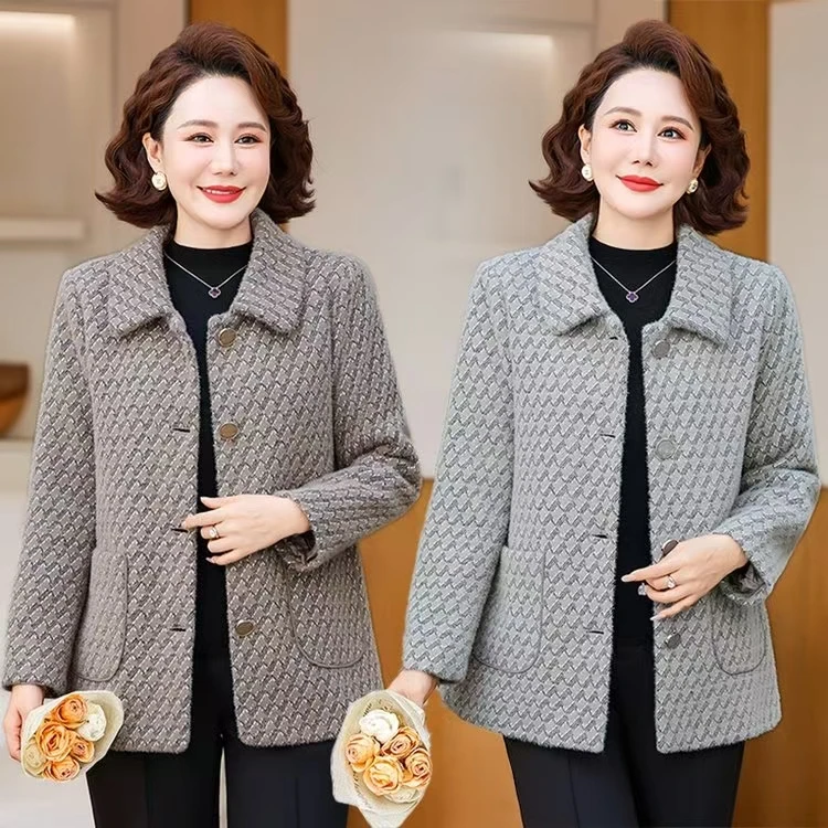 秋冬气质厚款格纹翻领毛呢外套时尚加厚妈妈装大码洋气中老年女装