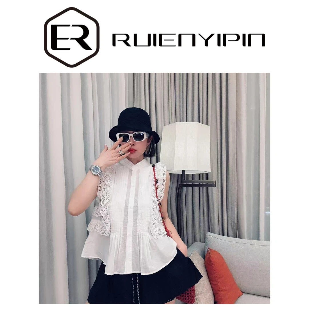 7193#【炫妈】设计款花纹边无袖衫显瘦洋气穿搭
