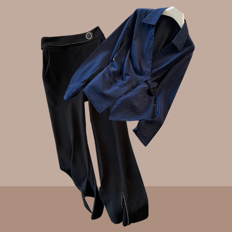 早秋时尚洋气套装女2025新款高级感轻奢衬衫微喇裤气质显瘦两件套