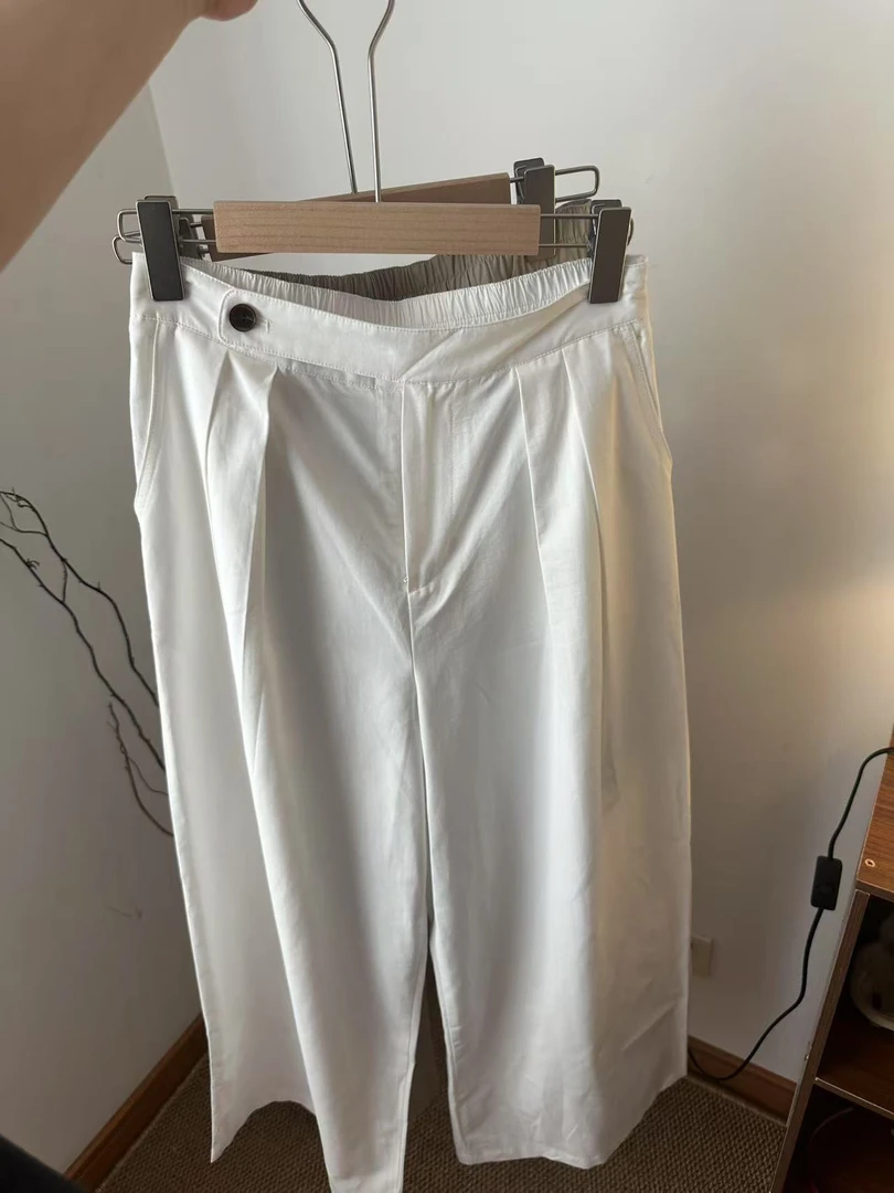 韩系阔腿高腰直筒裤半松紧显瘦 一粒扣