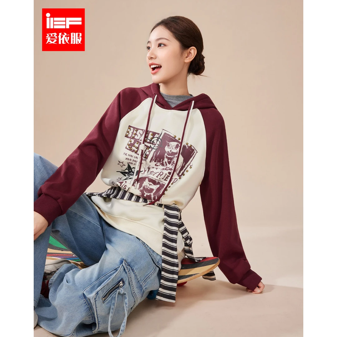 IEF/爱依服2025新款秋季针织中卫衣春秋长袖连帽宽松加绒印花韩版