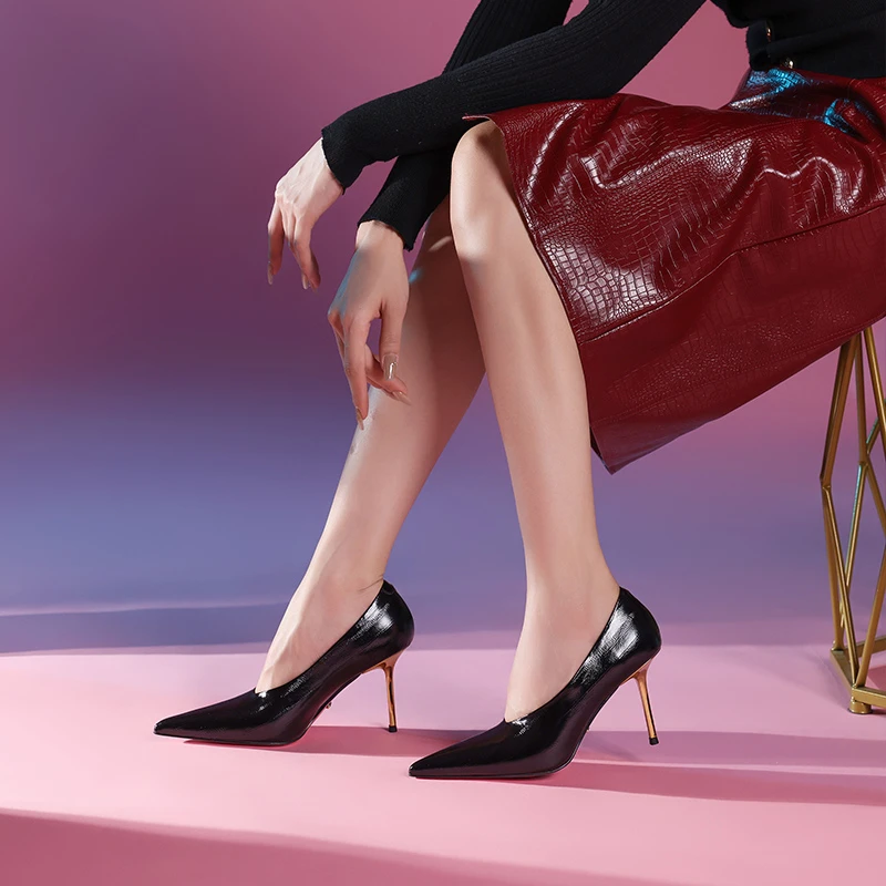 安羽【跟高8.5厘米】气质时尚真皮细跟高跟尖头浅口跟鞋百搭单鞋