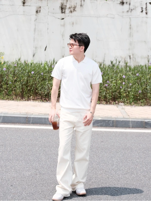 KNI STUDIO美式V领冰爽丝Polo衫男针织衫短袖T恤宽松翻领纯色春夏