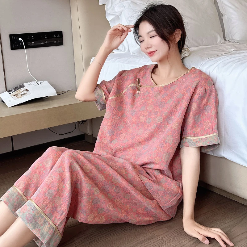 2025新款国风新中式纯棉睡衣大码女胖mm夏季薄款棉纱家居服200斤