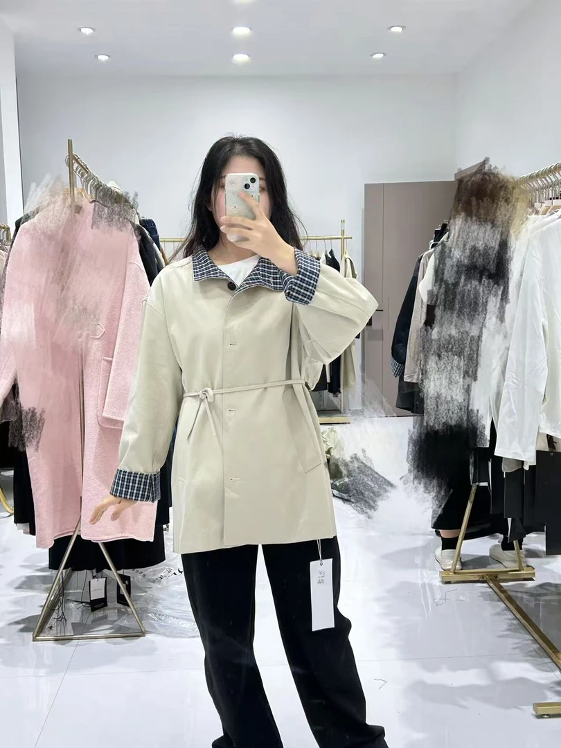 【李姑娘专属】8867  韩版中长款格子拼接风衣外套