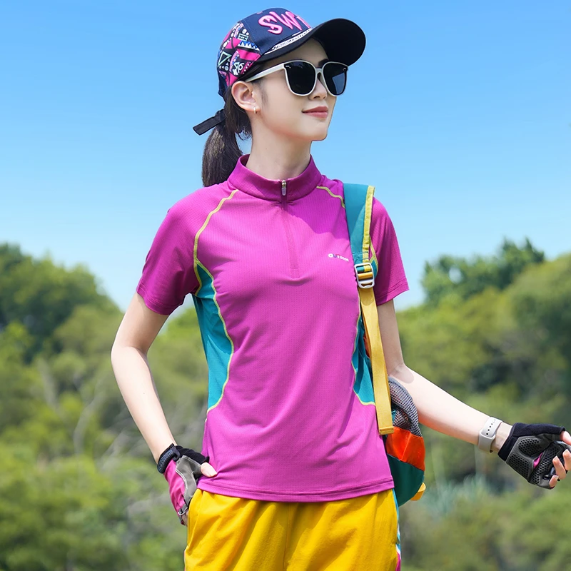 2025年夏季新款短袖冰丝速干女士立领弹力户外轻薄吸湿透气运动衣