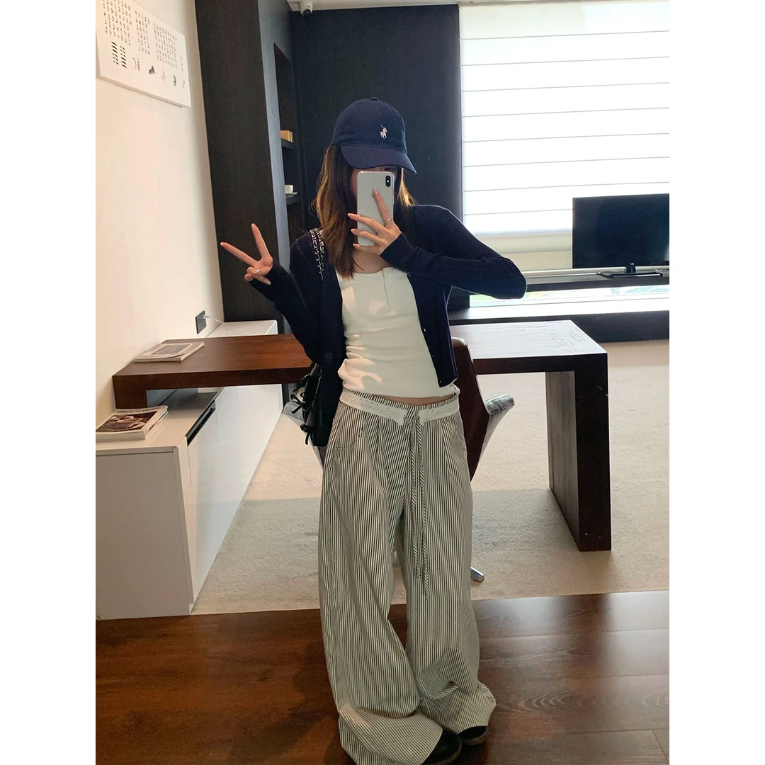 宋正恩条纹花边腰头拼接设计感女秋季高腰显瘦宽松休闲裤AAK1112