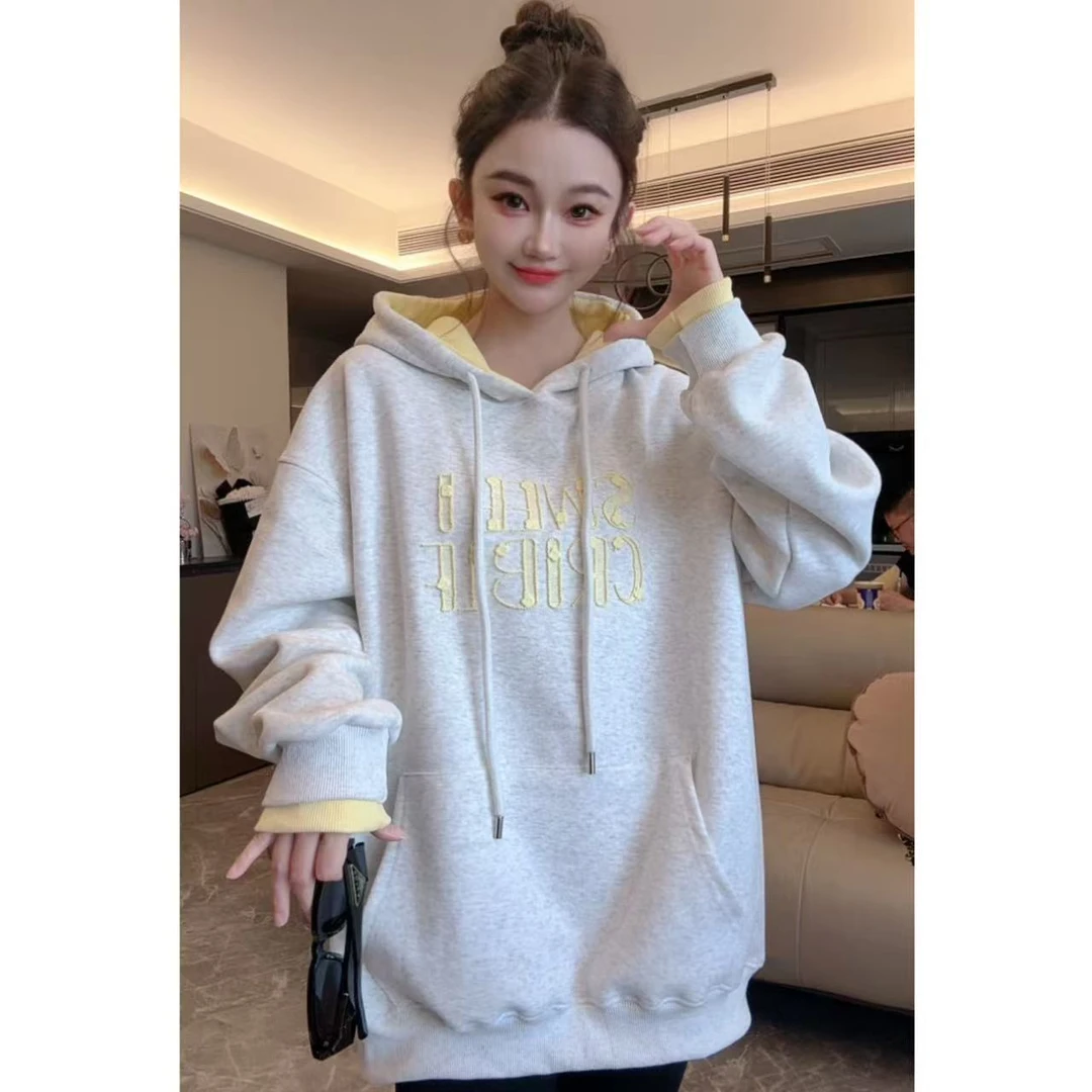 秋冬新款加绒连帽宽松套头字母刺绣卫衣2025秋冬撞色帽衫卫衣5008