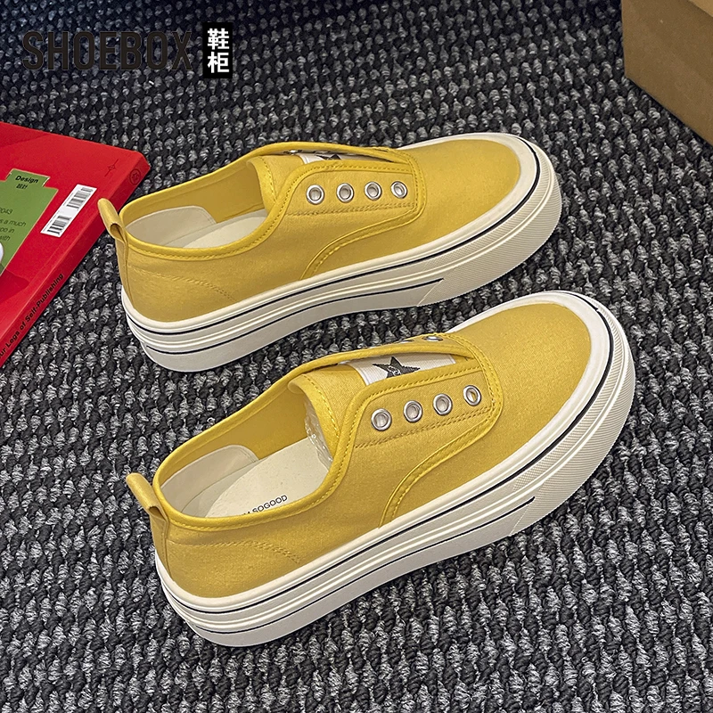 SHOEBOX鞋柜厚底一脚蹬帆布鞋女薄款2025新款透气无系带小白板鞋