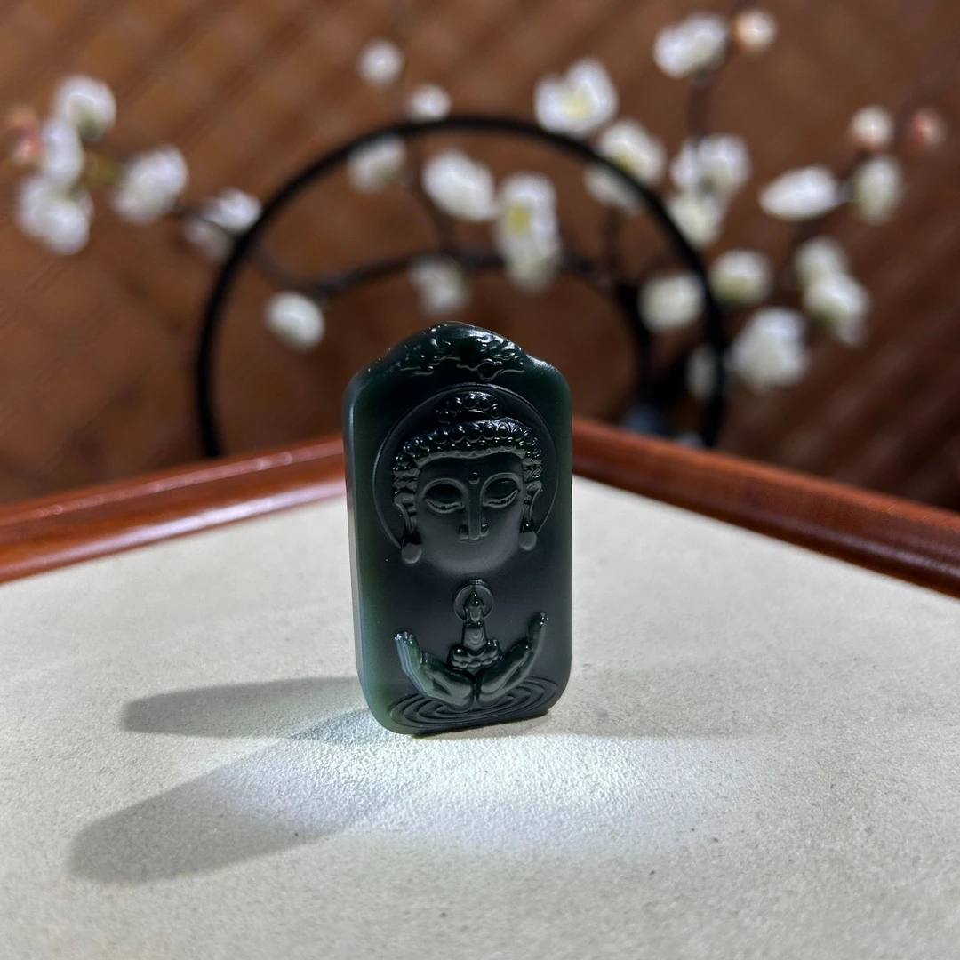 和田玉一细塔青无相佛 B12023