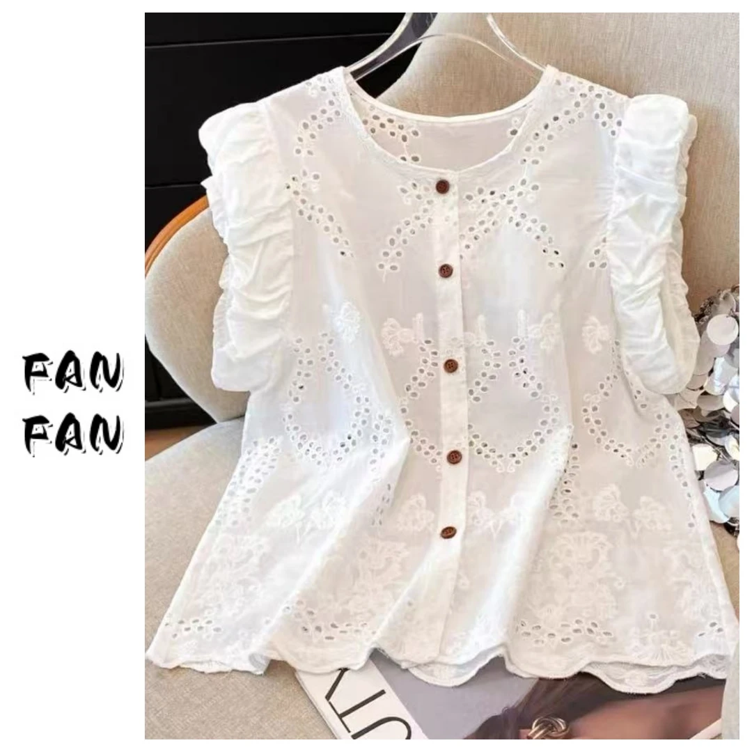 FANFAN 【钩花花苞袖】镂空衬衫