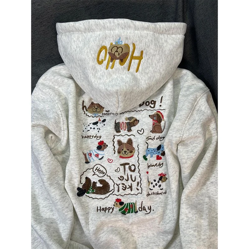 日系学院风腊肠狗刺绣连帽卫衣男女秋冬设计感加绒加厚小个子上衣