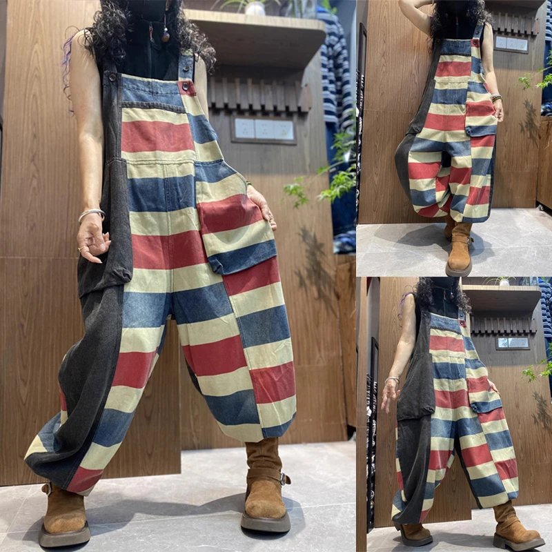 新款时尚条纹牛仔背带裤女宽松九分裤遮肉显瘦连体垮裤潮
