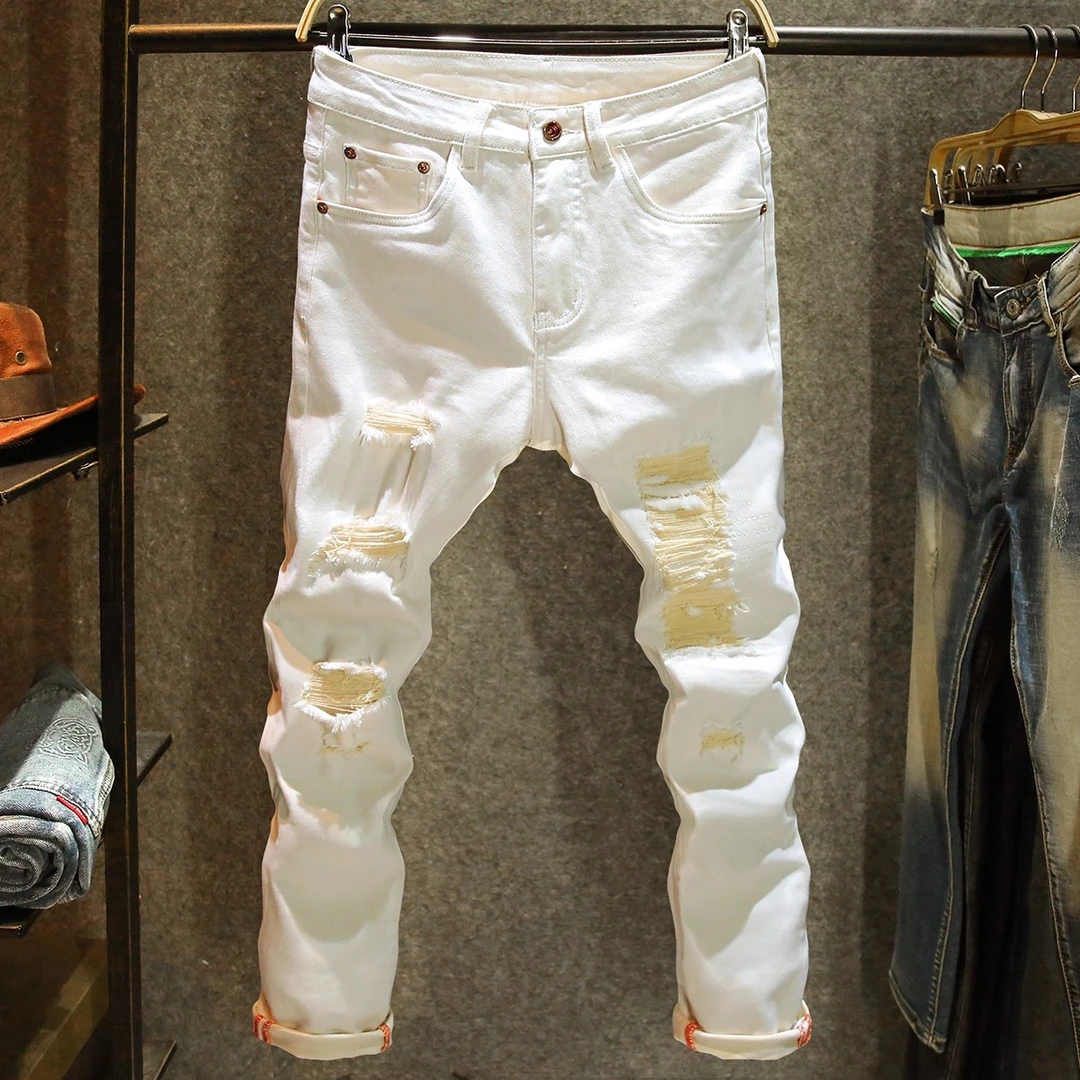 EAEOVNI破洞牛仔裤男白色潮牌休闲弹力长裤子高街潮流修身小脚裤