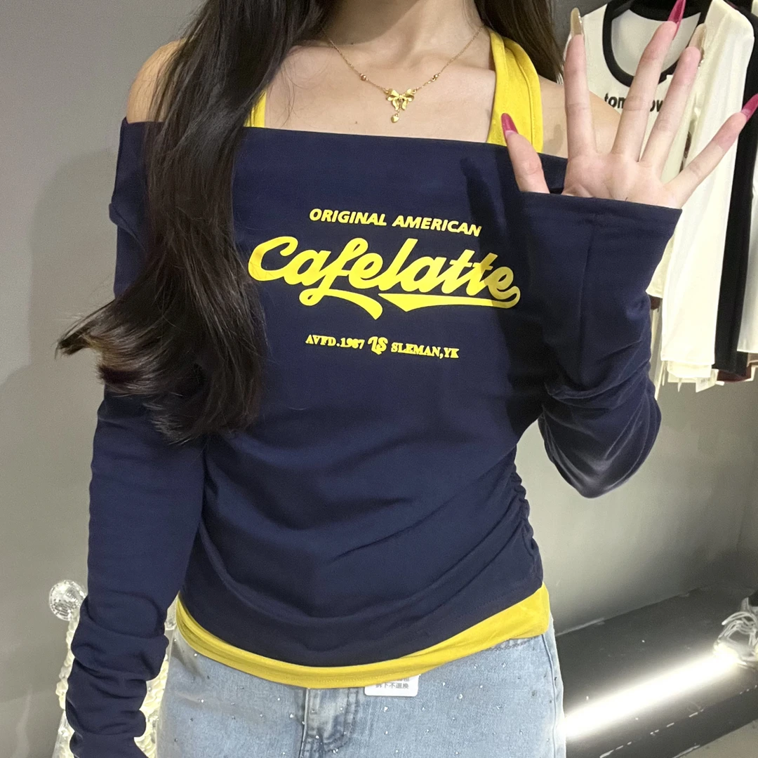秋新款纯欲撞色挂脖假两件字母印花长袖T恤显瘦打底衫上衣462#