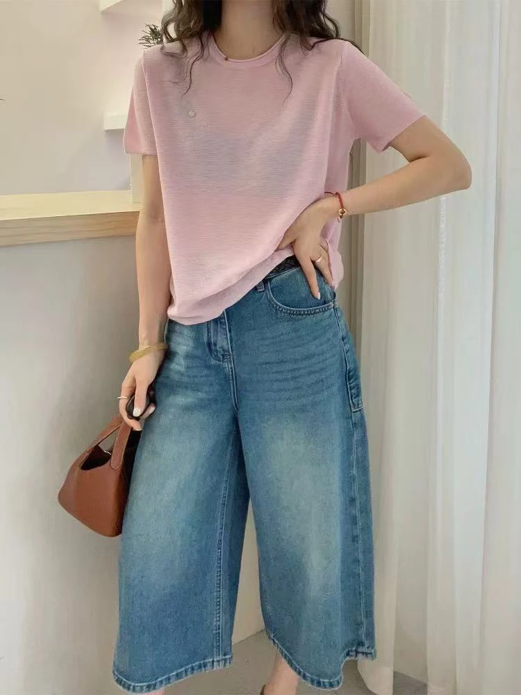 欧洲站2025春夏新款圆领短袖胸口一粒贝壳扣糖果色水溶针织衫1805