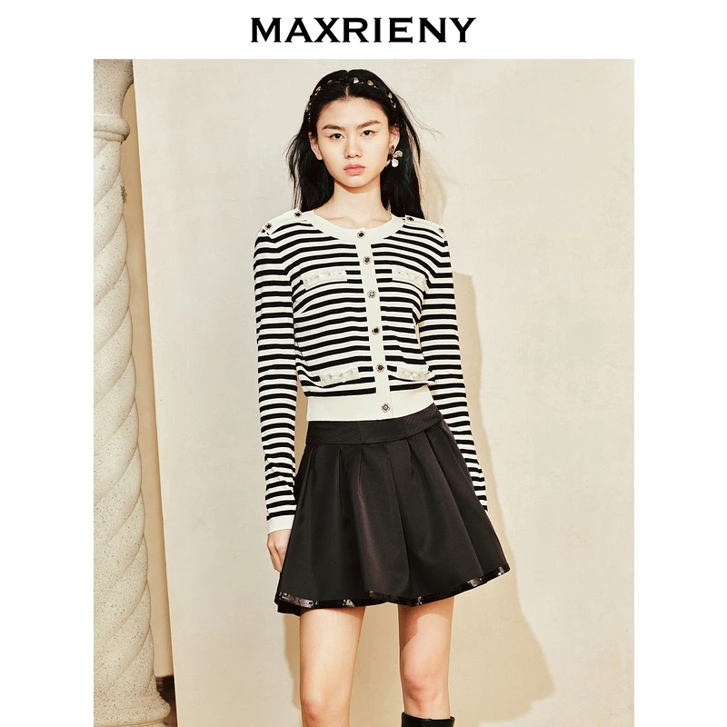 【商场同款新品-摩登女爵】MAXRIENY奢华都市条纹小香风毛织外套